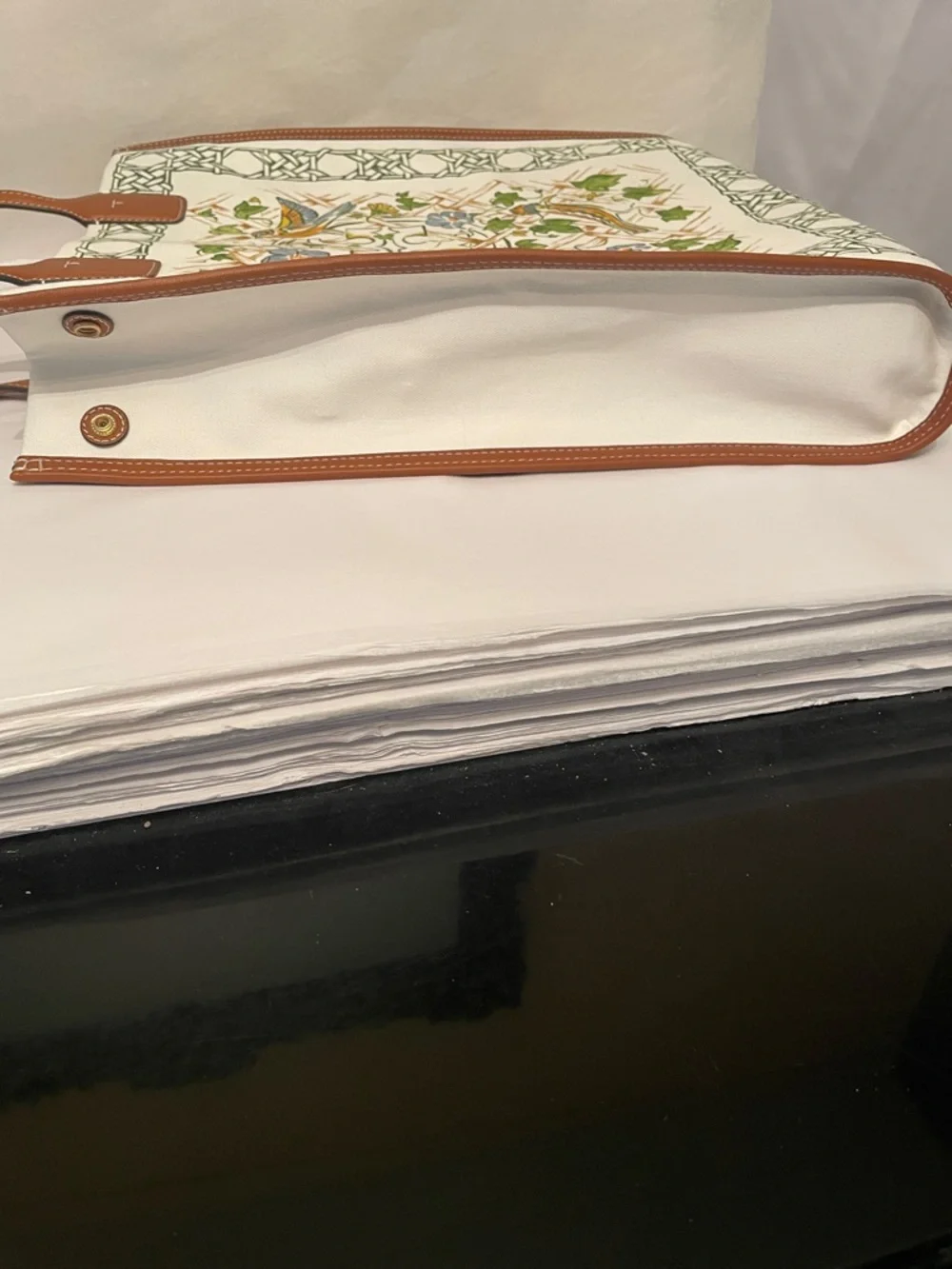 Tory Burch Ella Floral & Bird Canvas Tote cream with Brown‎ Trim